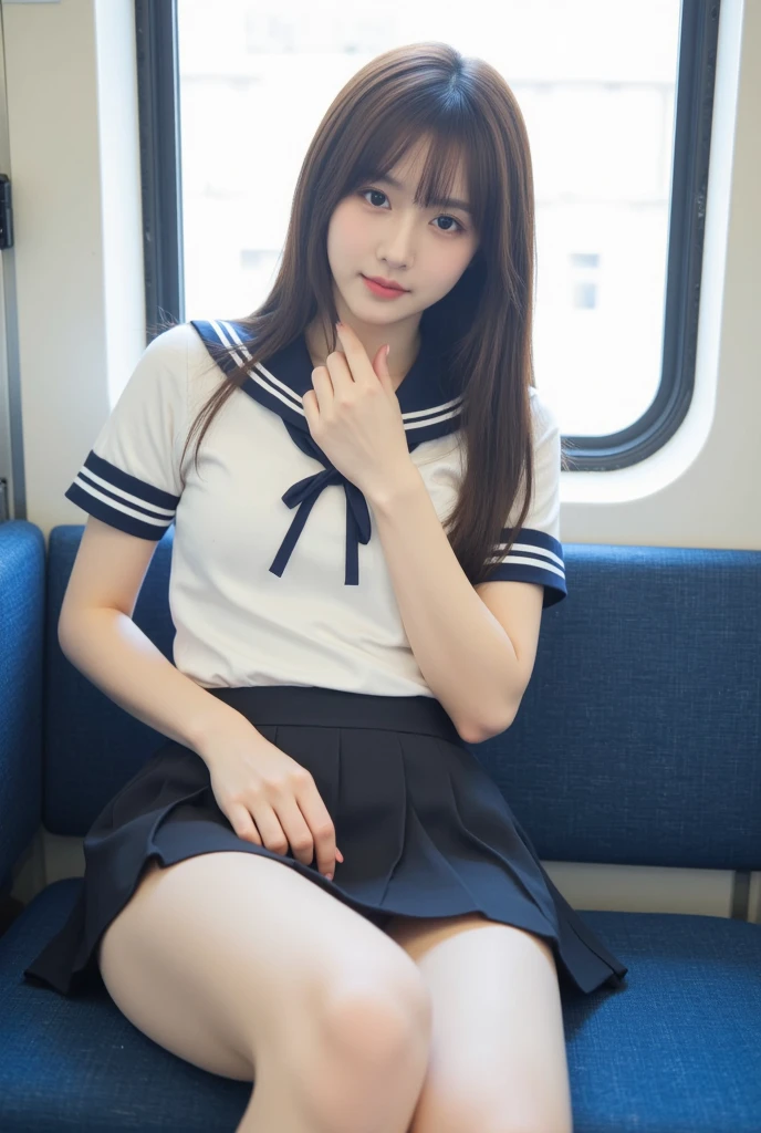top-quality,ultra-detailliert,masterpiece,realisitic,Photo Real,Bright lighting,1 girl in, an extremely beautiful , (kawaii:1.2),Bursting smile, Black eye,A dark-haired,bobhair、,(bangss),perfect glossy skin,flawless skin,((erotick,sexy for)), large full breasts,big breasts thin waist, Look at viewers,a sailor suit,high-school uniform:1.2、shortsleeves,neck tie,sitting on,sockes、Futomo、(Loafer shoes), during daytime,On the train,