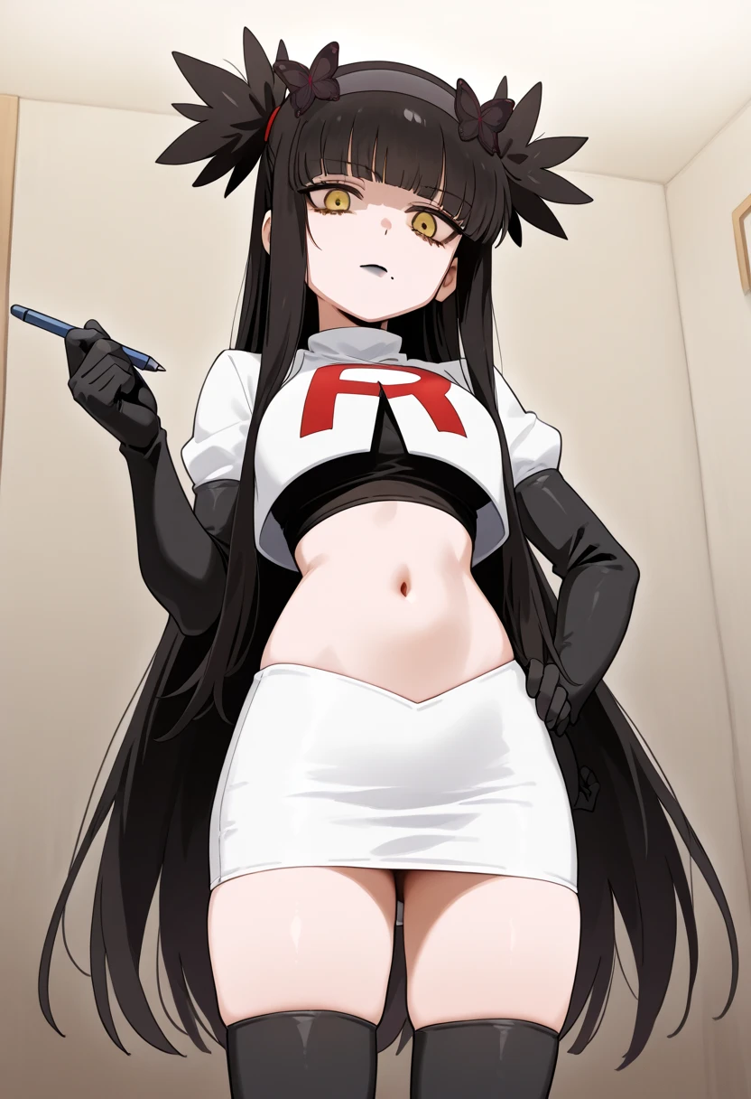 futaba rio,glasses,(gray hair),very detailed ,highres,(masterpiece_1.0),(best quality_1.0),team rocket,team rocket uniform,white skirt,red letter R,crop top,black thigh-highs,black elbow gloves,
