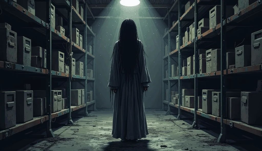 Sadako、through、See-through、In the liminal space of a dark warehouse nightmare、Dynamic lighting、Photorealistic、Trending on Art Station、Stunning visuals、fog、creative、Cinematic、Super detailed、Atmospheric、Ambient Lighting、Scary Art、Heavy film grain、Low saturation、Orange Teal Hue、Distorting space