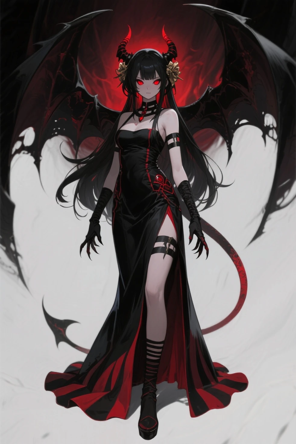 horns, fang, pointy ears, tongue out, open mouth, very long hair, red eye, black hair, best quality, succubus, girl, cheeky grin, full body shot, see-through longdress, wings