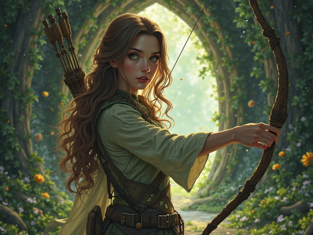 quality,ultra-detailed,photorealistic,beautiful boy in a garden,traditional oil painting,black cape flowing in the wind,deep green grass and tall trees,sunlight filtering through the leaves,enchanted forest,detailed eyes and face,innocent expression,long wavy hair, a bow on his hands and arrow carried by the shoulder,gentle smile,warm color palette,soft lighting,mysterious atmosphere,storybook illustration,lush foliage,ethereal beauty,soft textures,dramatic shadows,fairy tale,adventure and danger,classic literature,magical encounter, exploring the unknown,curiosity,prominent eyes,portraits,mythical creature,suspenseful moment,exciting journey,innocence and bravery,contrast between light and dark,hidden dangers,whispering wind and rustling leaves,adding a touch of surrealism, path leading deeper into the forest,quiet and tranquil setting,enchanted garden,contrast between the boy's black cloak and the green surroundings. 