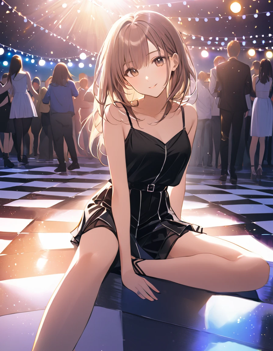 (Evening Dresses), (Looking up from under your feet), Background is the stage, Misaka Mikoto, 1girl, black choker, uhd, retina, masterpiece, ccurate, anatomically correct, textured skin, super detail, high details, high quality, best quality, highres, 4K