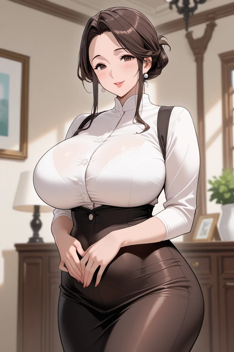 Best quality, solo mature woman, giant breasts, giant ass, very curvy, waterfall braid brunette, magenta eyes eyes, full lips, seductive, smiling, tight long slevee shirt, tweed pants, wool coat, dangly earring, thick thighs, curvy physique