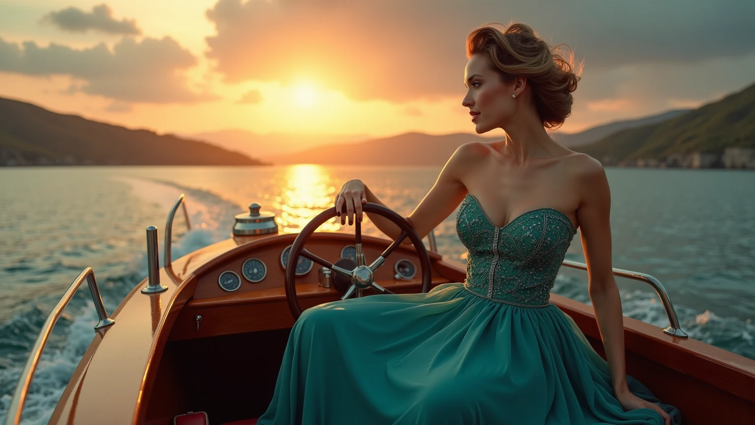 masterpiece, best quality, extremely detailed, hyperrealistic, photorealistic:1.1, a beautiful 20s french model, on detailed yacht, sunshine, light blue dress:1.2, holding a wine grass:1.1, ultra detailed face, half updo, blonde hair, pale skin, busty breasts, smiling