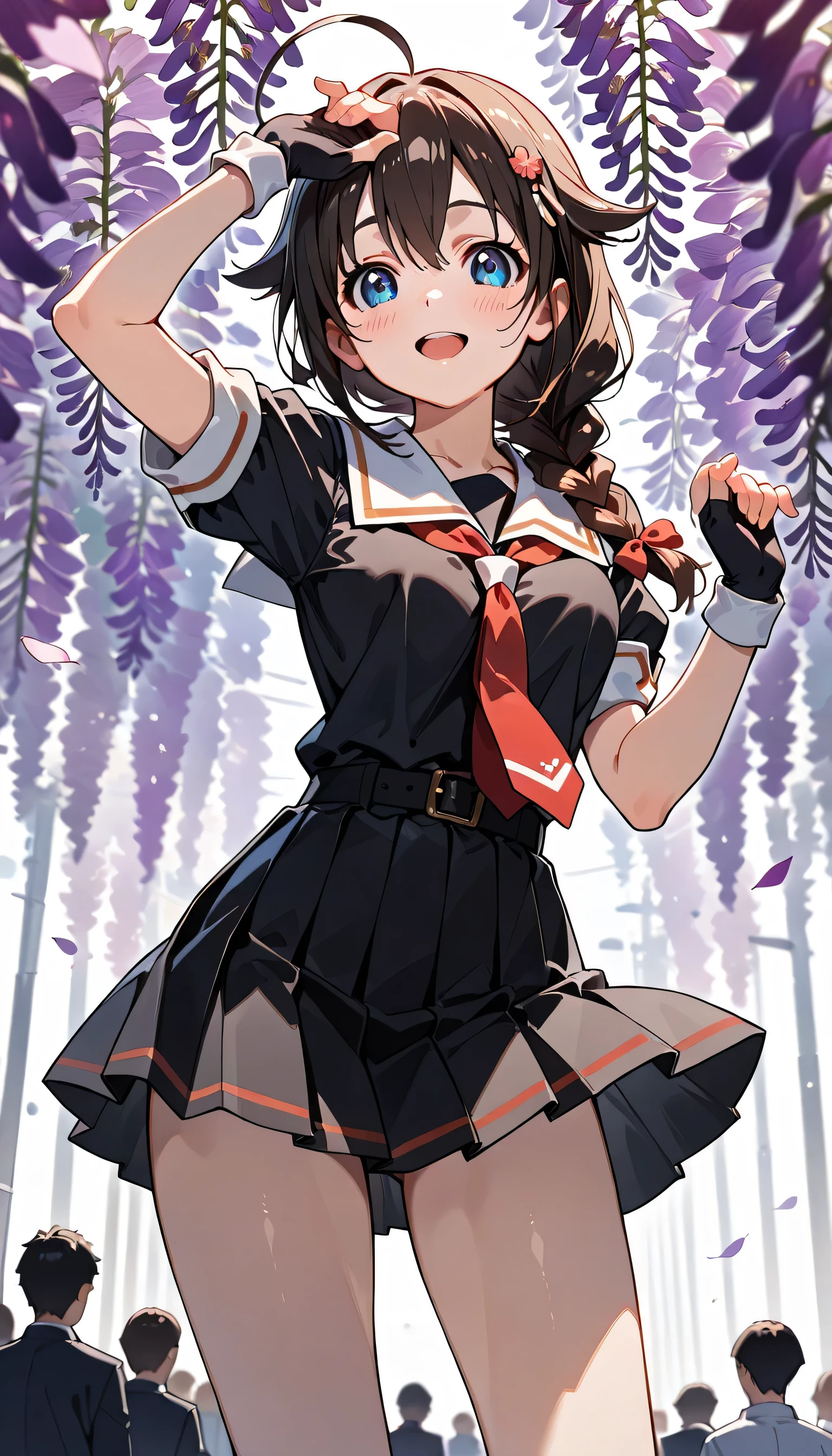 ((ultra-detailed)), (highly detailed CG illustration), (best quality:1.2), ultra-highly detailed, colorful composition, artistic photoshoot, 1girl, solo focus, upper body:1.3, moe anime character, girl, dainty facial structure, baby face, round face, rounded chin:1.2, ideal ratio body proportions, Shigure \(KanColle\), 1 girl, blue eyes, ahogi, hair clips, braids, brown hair, long hair, hair ornament between the eyes, black sailor suit, white sailor collar, red neckerchief, short sleeves, fingerless gloves, black gloves, black skirt, pleated skirt, middle breasts, smile, blush:1.3, Walking along the the wisteria flowers:1.3, wisteria flowers petals dancing, beautiful detailed sky, from front, dynamic pose, contrapposto pose, best quality, expecting, pink cheek, blush, light pink gloss slip, portrait, depth of field, sparkling sunlight, lighting, backlighting, shine, lighting, caustics, ray tracing, perfect face, lustrous skin, highly detailed face, highly detailed eyes, perfect face, perfect nose, perfect hair, perfect eyes, perfect anatomy, beautiful hair, beautiful small face, extremely detailed face, beautiful detailed eyes, beautiful clavicle, beautiful body, beautiful ample breasts, leavage, breasts squeezed together, equalize the size of the left and right breasts, beautiful thin thighs, beautiful legs, beautiful fingers, 4 fingers:1.3, 1 thumb, lovely, (very detailed background:1.0), (highly detailed background:1.0), summer aesthetic, intricate details, festival atmosphere, summer colors palette, chromatic aberration