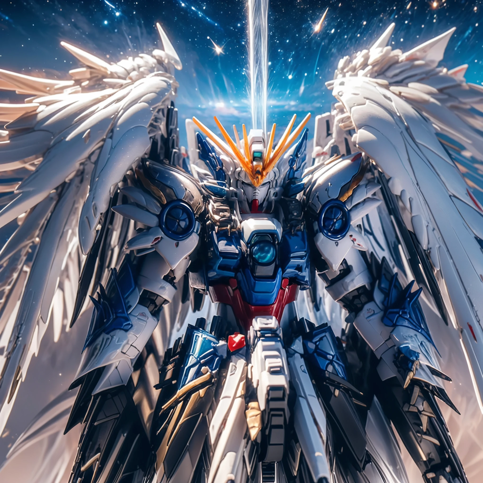 4-wing Gundam Zero,Humanoid Form、aerial image of a large robot with wings and a halo, mecha wings , 4K High Definition Digital Art, Anime giant mecharobot, Best Anime 4K Konachan Wallpaper , exquisite cosmic angel robot, spectacular 8k hd anime shot, Detailed Official Artwork, Anime Mecha Aesthetics , Badass anime spreading its wings and soaring ,((very detailed CG integration 8k wallpaper)),(( Super Real , 3D )) ,dynamic action poses,機体をSuper Detailに マッシブな脚部,starry sky , Beautiful Detailed Background , cosmic background ,night sky)),(flight:1.5) score_9, score_8_Excellent, score_7_Excellent, 32K ,(( Highest Quality)),( Ultra High Definition),( Super Detail)