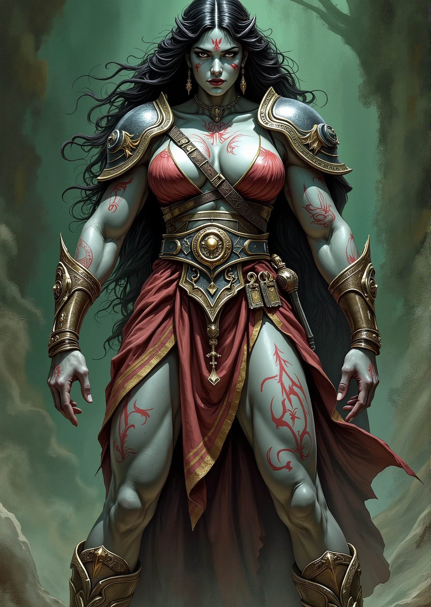 An extremely detailed comic book illustration of a stunningly beautiful extremely curvaceous grey skinned female Goliath from Dungeons and Dragons distant descendants of giants bearing the favors of the first giants that manifest in various supernatural boons with stone skin and red ink tattoos on their bodies and faces trained as a barbarian following the Path of the Zealot from dungeons and dragons heavily muscled powered by the primal forces of the multiverse that manifest as Rage more than a mere emotion this Rage is an incarnation of a predator's ferocity a storm's fury and a sea's turmoil covered in religious looking tattoos and iconography whose Rage manifests as an ecstatic episode of divine union suffusing them with power equal part warrior and priestess wearing a form fitting sleeveless tunic which appears tough and rugged and emphasizes her massive breasts and extremely long legs with ornate shoulder pads that are intricately designed made of hardened leather a broad embellished belt cinches the tunic adorned with metallic accents and intricate patterns with various decorative elements hanging from it suggesting both style and functionality over a flowing layered skirt that is shorter in front and longer in the back made of a rich fabric whose hem is trimmed with golden details with hardened leather arm guards or bracers that complement her outfit and provide extra protection blending functionality with an aesthetic that signifies her strength and nobility as a warrior in an art style inspired by Frank Miller and Conan the Barbarian. The Background is awash in textured brushstrokes of forest green and natural earthy tones. Standing in a dynamic action pose. Trending on Art Station.