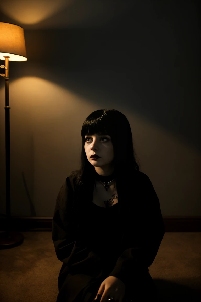 Dark,look close corner face camera , hold big cat,a woman sofia Steinberg face, medium hair with bangs, pale white skinned ,wearing Black shirt blackmetal, pose sit in Wooden chairs, room blackmetal, look above camera , in room blackmetal style steinberg model blackmetal , sad depression funiture skulls swords, flowers black Roses ,poster ,stickerband, mortuary ,blackmetal background, digital painting, highly detailed, 3D animation, black roses, 