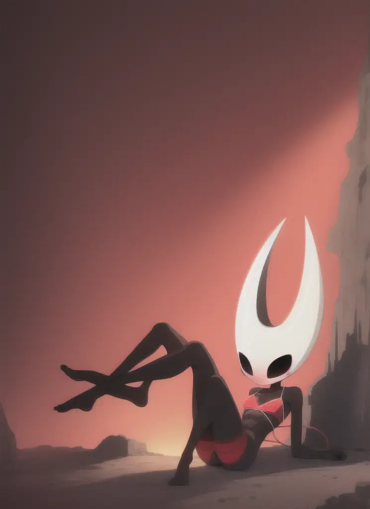 hornet, cute, chibi, no feet, furry girl, slim, skinny, skinny body,anthro, thread, standing, solo, red panties, (best quality), (detailed dark cave background:1.2), looking at viewer, flat colors, medium breasts, no nipples, no vagina, sexy body, abs, bare breasts