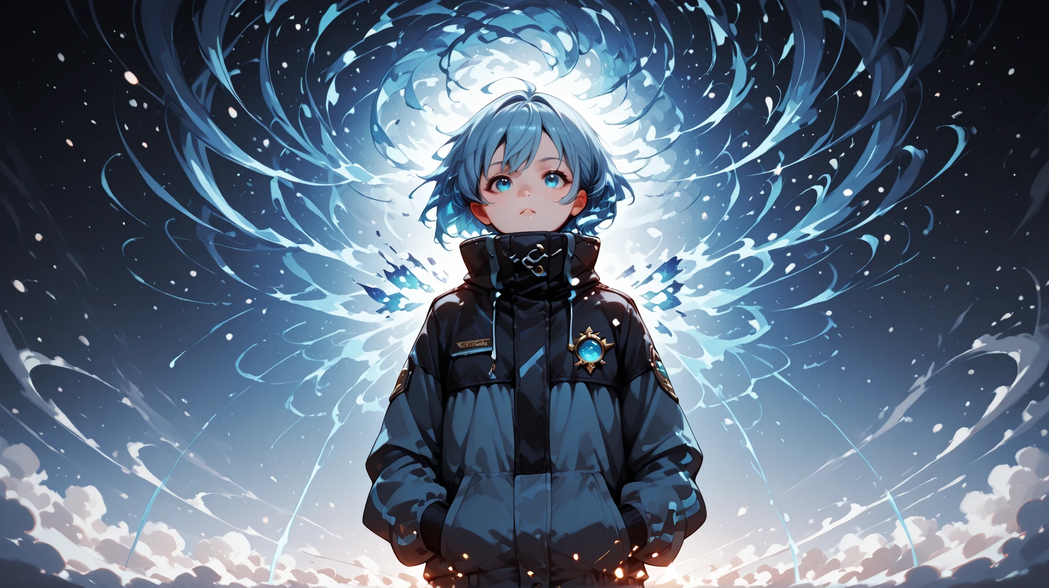 8k, 1 girl on break day, High Collar, beautiful, ( fractal art 1.8), puffy face, young people, blue hair, I put my hand in the , beautiful, dynamic, visual impact , with hands in pockets, (Lens Wave 1.5)