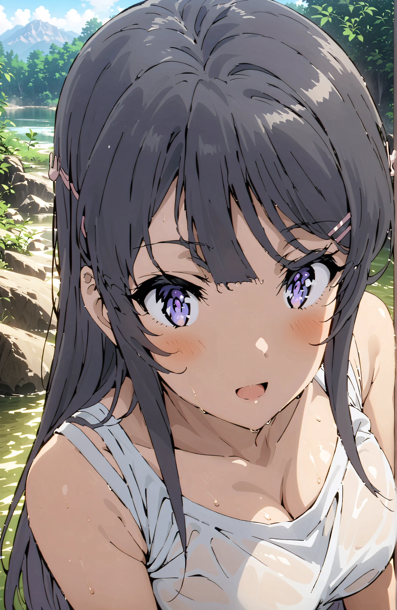 Mai Sakurajima, long hair, Bang, black hair, hair ornament, purple eyes in gla, hair clip, rabbit hair ornament,Big Breasts,smile,blush,open your mouth,standing,tank top,tank topの裾を縛る,belly button out,denim micro shorts,see through,wet hair,wet clothes,wet skin,river遊び, playing in the water,river,forest,Mountain,Submersion,full bodyがイラストに入るように,in their 40s looking at viewer,full body,
in their 40s outdoors,nature,
in their 40s (masterpiece:1.2), best quality, high res, Unity 8Kの壁紙, ( 's art :0.8), (beautiful detailed eyes:1.6), very detailed face, perfect lighting, very detailed CG, (perfect hand in h, Perfect Anatomy),