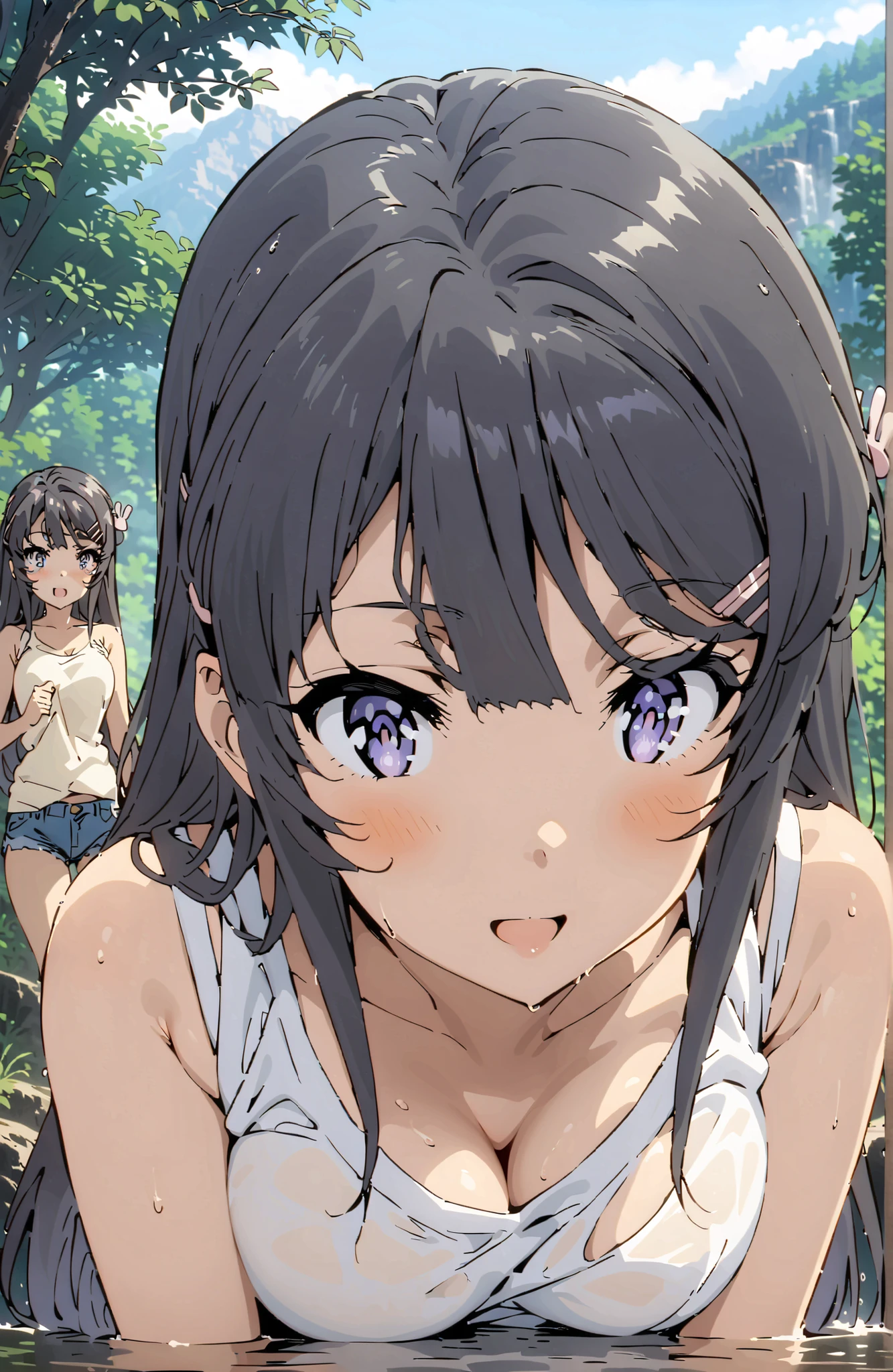 Mai Sakurajima, long hair, Bang, black hair, hair ornament, purple eyes in gla, hair clip, rabbit hair ornament,Big Breasts,smile,blush,open your mouth,standing,tank top,tank topの裾を縛る,belly button out,denim micro shorts,see through,wet hair,wet clothes,wet skin,river遊び, playing in the water,river,forest,Mountain,Submersion,full bodyがイラストに入るように,in their 40s looking at viewer,full body,
in their 40s outdoors,nature,
in their 40s (masterpiece:1.2), best quality, high res, Unity 8Kの壁紙, ( 's art :0.8), (beautiful detailed eyes:1.6), very detailed face, perfect lighting, very detailed CG, (perfect hand in h, Perfect Anatomy),