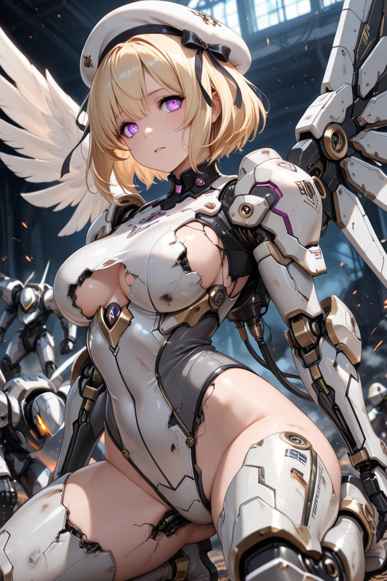 full body woman as an archangel, with black purple cyberdroid, mecha-armor, wearing a short blusher veil, messy hairdo, golden mecha-halo on top of the head, heavy Arch angel mecha-wings, visible face, big chest, bikini armor