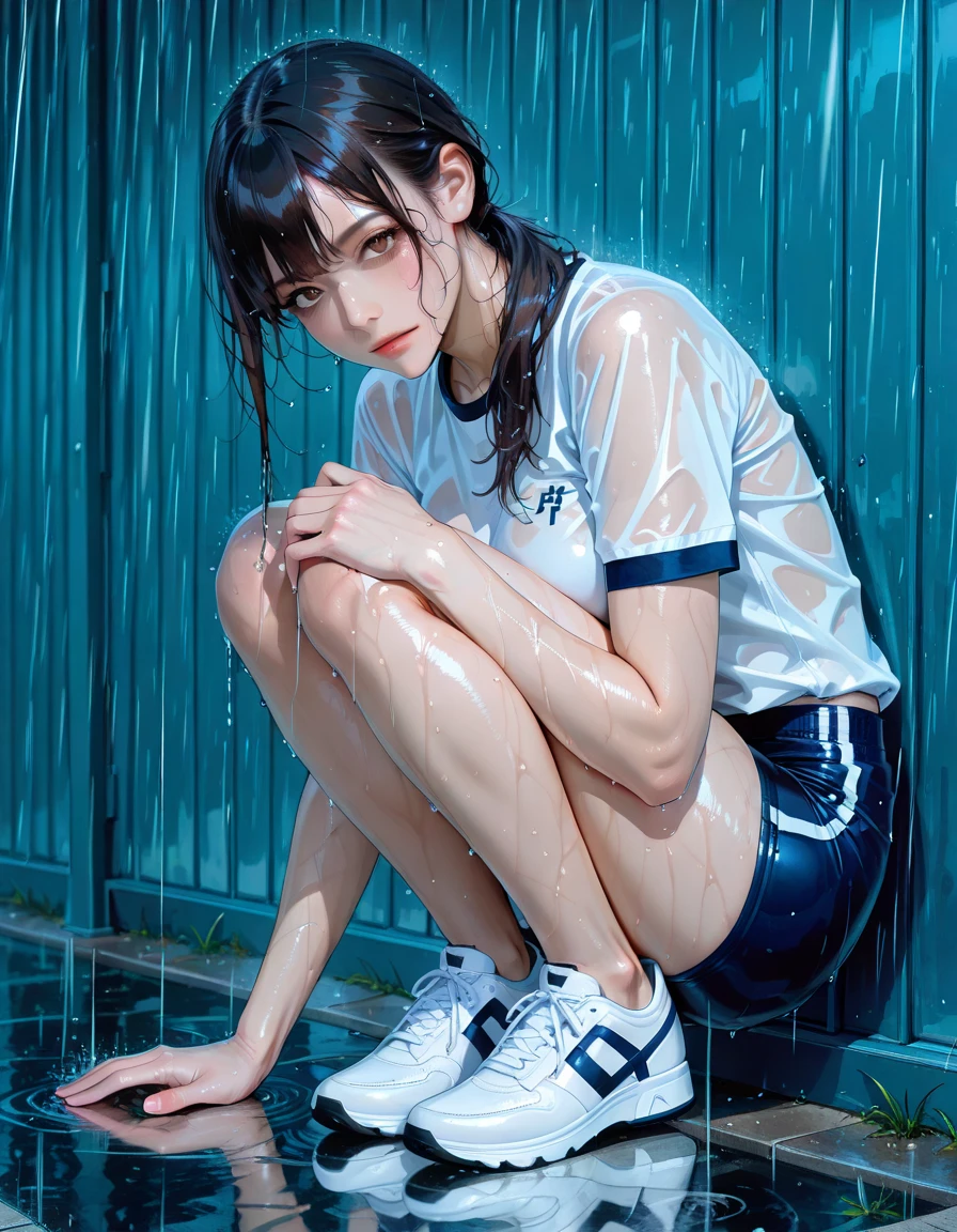 masterpiece,best quality, (A 16-year-old tall boy:1.2), (Kneeling in the bathroom taking a bath:1.2),(White tight long swimming trunks), white shirt,Soaked swimsuit,The looming strong body,Attractive and fit body,(Inverted triangle figure),Huge body,Biceps,Highlight muscle texture,Well-developed body,Frontal upward perspective, Handsome and cute face,Perfectly detailed facial features,Looking at the camera,leaning back, Shower head,Water Splash,head tilt, happy, very short hair, brown hair,(looking at viewer:1.2),Vision