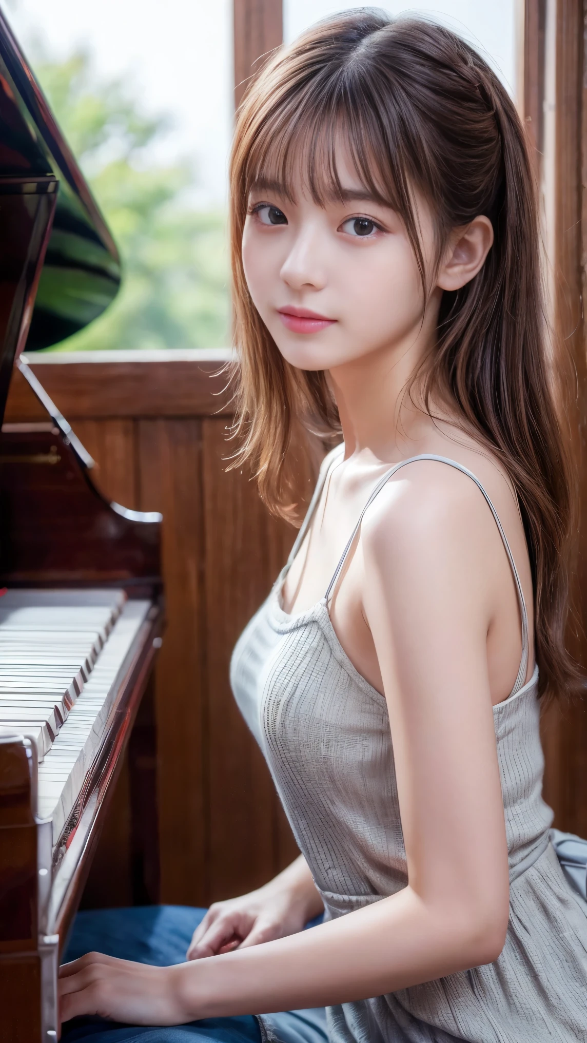 ((Beautiful girl playing piano in the living room, Practicing the piano)), super detailed piano, From above, Mysterious Space, clear々A nice morning, Living room of the mansion, Foliage plant, Window, (15 years old, Baby Face:1.4), (clear楚な黒ドレス), (Beautiful breasts, Fascinating Cleavage:1.2), Small beautiful butt, (((Chest flickering:1.3))), ((Detailed eyes and face, Professional photography techniques, Cinema Lighting)), ((Detailed hands, The pianist's beautiful hands)), (Highest quality, 8K, masterpiece:1.2, RAW Photos), Short Hair, (Perfect Anatomy:1.3), (View the viewer)