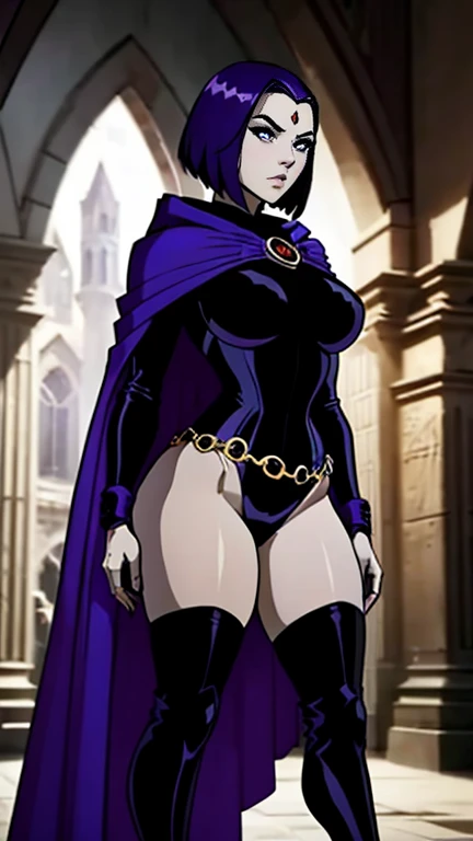 (solo:1.1),(masterpiece), (best quality:1.3),, (ultra detailed), (intricate), professional art, digital art, absurdres, shadraven, (far away view:1.1), 1girl, solo, (grey skin:1.4), dark purple hair, bob hair, dark purple eyes, hips wider than shoulders, pear shaped body, jewellery, detailed thighs, (thick thighs:1.3), red jewel in forehead, jewels, (long sleeved turtleneck leotard:1.4), (Red jewel Belt), (red jewel brooch:1.3), cuffs, small breasts, nipple bulge, (raven long dark purple hooded cape), (Shadraven brooch:1.2), Shadraven jewel belt, Shadraven wearing a long sleeved leotard with a hooded cape and fingerless glovess, (long legs:1.3), (detailed bulgeJ8 crotch penis bulge:1.4),(large testicle bulge:1.3),(long crotch bulge), huge penis bulge, huge testicle bulge, ( frontal view),(bubble butt) , gluteal crease, universal lighting,(Detailed ass), black-lipstick, beestung lips, Black-eyeshadow, (proportionately sized head:1.1),
