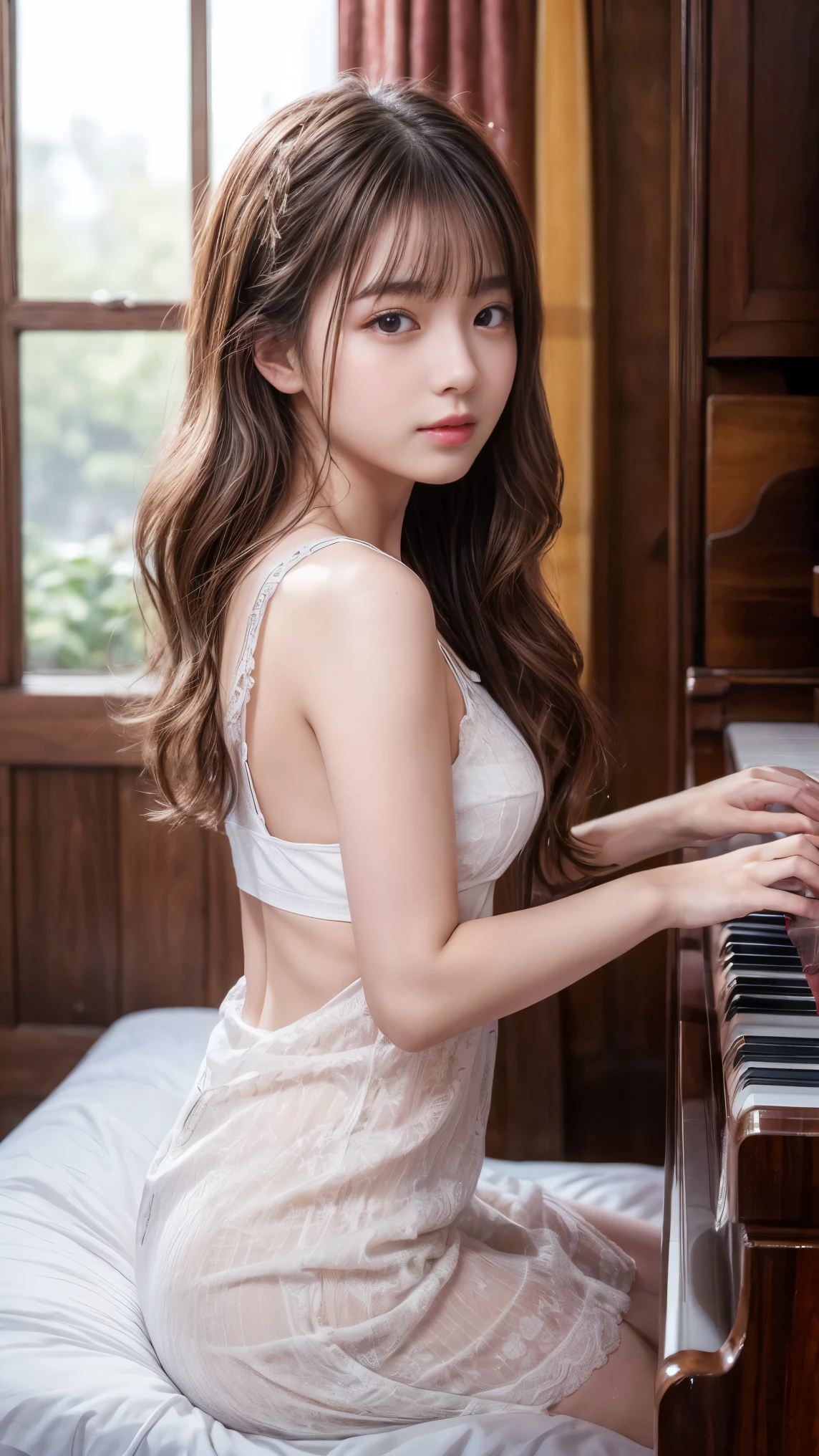Optimized English prompt for image generation: "A high-quality illustration featuring a beautiful young female pianist character on a vibrant night stage background. She is looking down with a drunken expression and her tongue sticking out. She has fluffy long hair in shades of gray and yellow, and is wearing a luxurious, slim-fitting, short tube top and string bikini-type shorts made of thin silk, both in pure white and adorned with intricate Chantilly lace patterns. On her left abdomen, there's a pink heart-shaped tattoo. The piano bench is wet with numerous water droplets. She is adorned with a lavish tiara. Around her, there are effects of swirling snowflakes with floral patterns, particles of light, and neon glowing effects, with music sheets scattered on the floor. The lighting is soft and coming from the front, casting subtle shadows on her body and attire, adding depth and realism to the entire image.