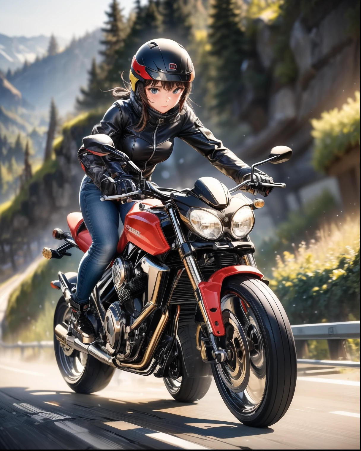 ((( Masterpiece:1.3, Best Quality, hight resolution, nffsw, Perfect Pixel, 4K, nffsw, nffsw))), 1girl in, Off-road motorcycle driving on spring country roads、18-year-old girl、jet helmet、((December scenery, white Christmas, softly falling snow, she drives carefully along the national highway)), She has both hands on the handlebars, she's low to the ground, she's cornering great.