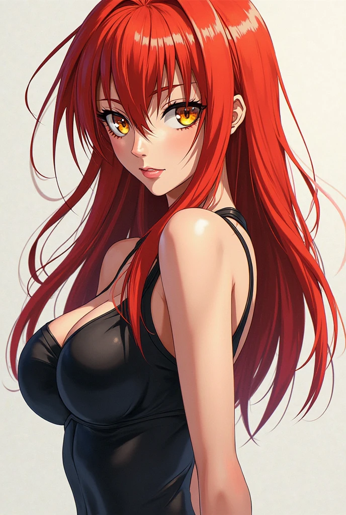 1girl, solo,red theme,looking at viewer,large breasts,portrait,from side,bad-girl,((mature female))