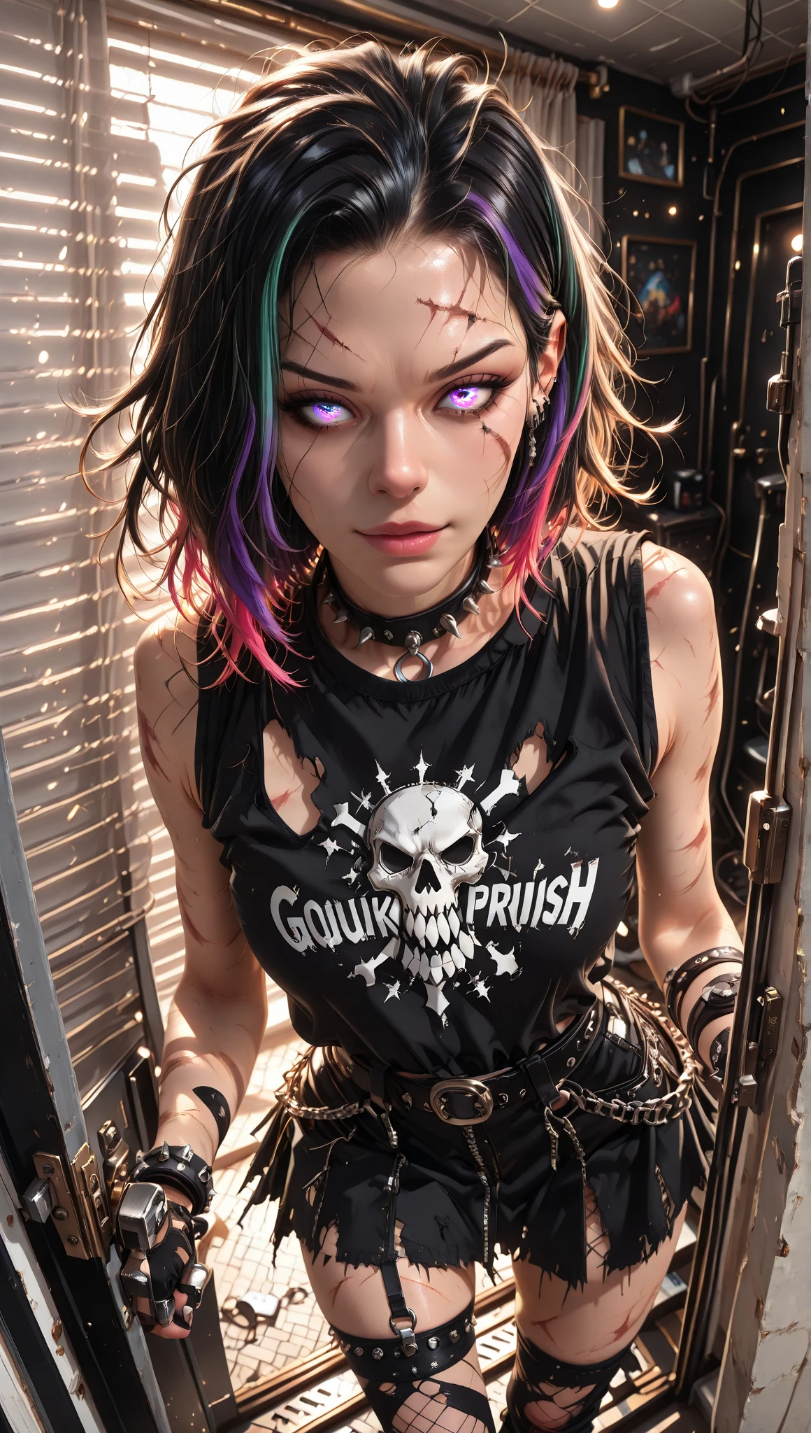 (topquality、8K、12)、tmasterpiece、NFFSV:0.5)、(Punk style:1.5), (photorealestic:1.4),20-year-old punk girl,A detailed eye、detailed lips,Wacky punk hair,Radical punk fashion, Stupid makeup、green-haired,、a lot of tattoos on the body,、forest background、Backlight effect、Depth of field,Blurred background,,,,,,,,,,,,