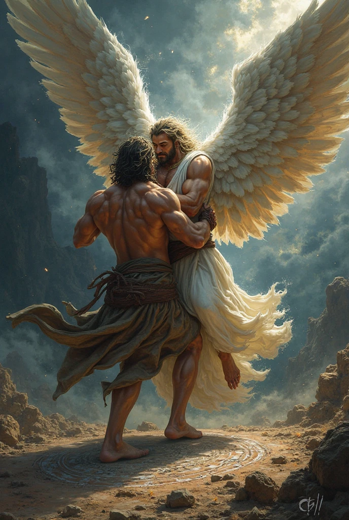 imageio: "Jacob Lutando com o angel"
Crie uma cena dramática e intensa de Jacob lutando com um anjo em uma batalha física e espiritual. The image should capture the pivotal moment of the struggle during the night, with the dark sky and only the soft light of dawn beginning to appear in the background.
detaileds:
Personagens:
Jacob: A strong and determined man, clad in simple, worn clothes, showing signs of exertion and pain. His expression should reflect a blend of determination and agony.
angel: A towering celestial being, with majestic wings and a soft aura of light emanating from him. The angel should have a posture of strength, but also an expression of compassion and