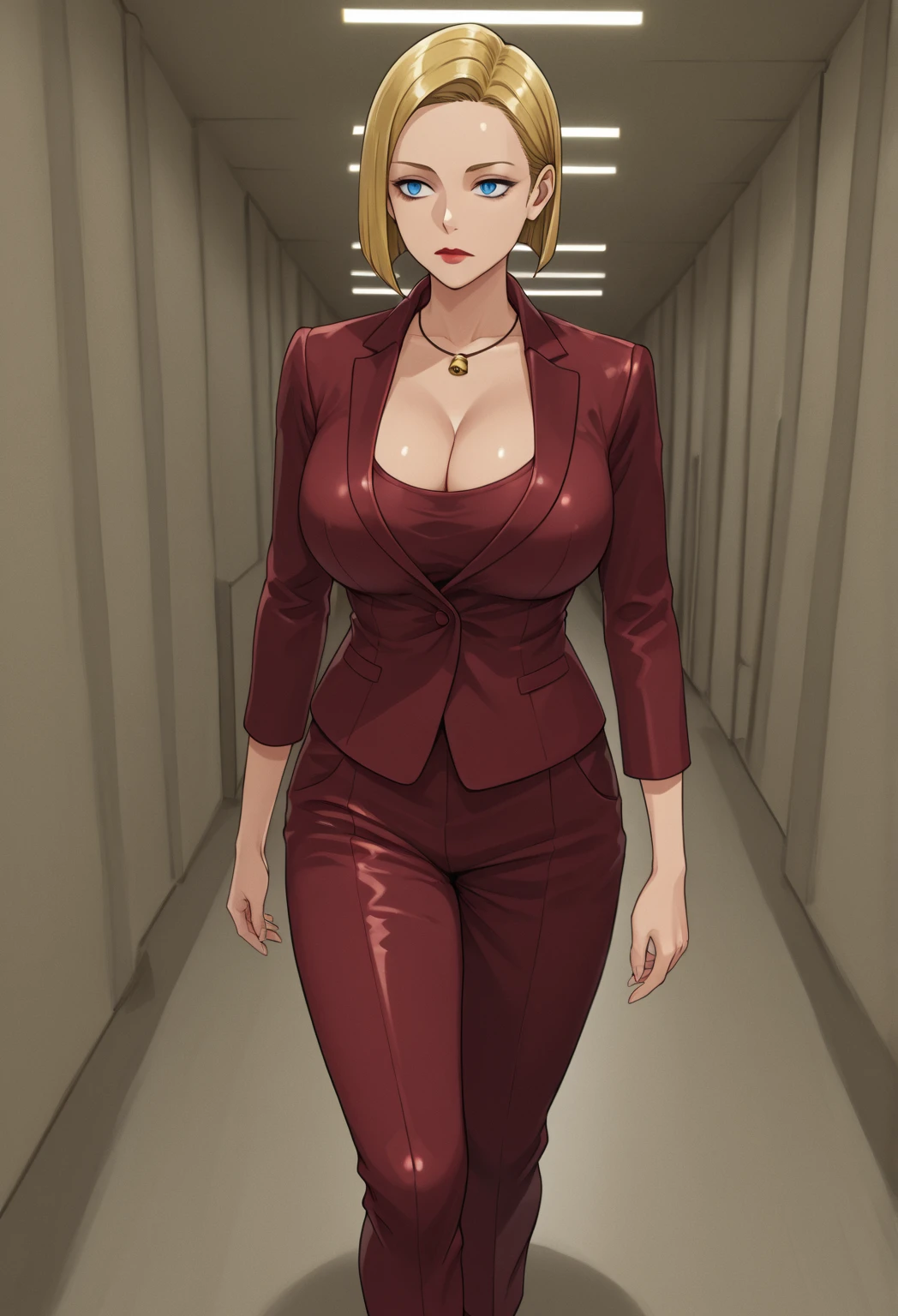 T-XSDXL,solo,1girl,medium sleek straight angled bob cut hairstyle,blue eyes,blonde hair,cleavage,jewelry,jacket,bell-bottoms trousers,flares trousers,necklace,black heels boots,lips,formal,suit,lipstick,large breasts,cowboy shot,room,room background,walking,are expressionless,Empty look,legs crossed,shows off her breast/cleavage,,looking at the spectator