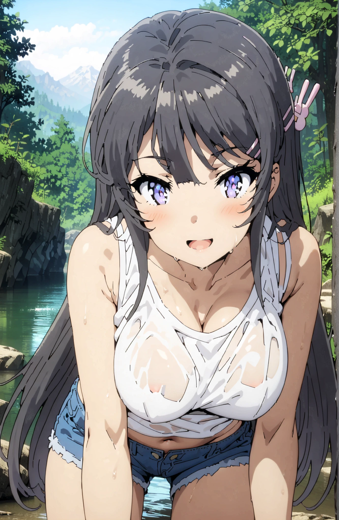 Mai Sakurajima, solo,long hair, Bang, black hair, hair ornament, purple eyes in gla, hair clip, rabbit hair ornament,Big Breasts,smile,blush,open your mouth,standing,tank top,tank topの裾を縛る,belly button out,denim micro shorts,Bare legs,Glowing Skin,see through,wet hair,wet clothes,wet skin,river遊び, playing in the water,river,forest,Mountain,Submersion,full bodyがイラストに入るように,in their 40s looking at viewer,full body,
in their 40s outdoors,nature,
in their 40s (masterpiece:1.2), best quality, high res, Unity 8Kの壁紙, ( 's art :0.8), (beautiful detailed eyes:1.6), very detailed face, perfect lighting, very detailed CG, (perfect hand in h, Perfect Anatomy),