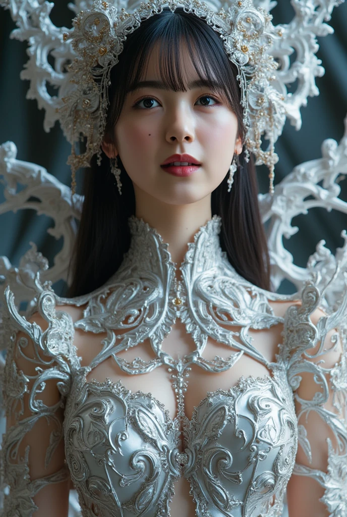 A high resolution,ultra - detailed), offcial art, Unity 8k壁纸, Ultra-detailed, Beautiful and aesthetically pleasing, tmasterpiece, best qualityer,long skirt,slender girl,Wear a tulle dress with shimmering broken diamonds,With a hood,Hood head,Hood head,The material of the clothes is very light,Gaia style,The clothes are wrapped in an auspicious cloud pattern,