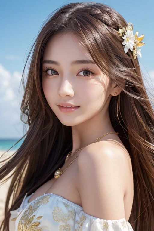 highest quality、Realistic、girl、zoom、Turquoise eyes、Silver Hair、Long curly hair、Bridal Lingerie、Tanned black body、Brown black skin、Dark Skin、Big 、A big smile、Summer Sea、Bust Shot、