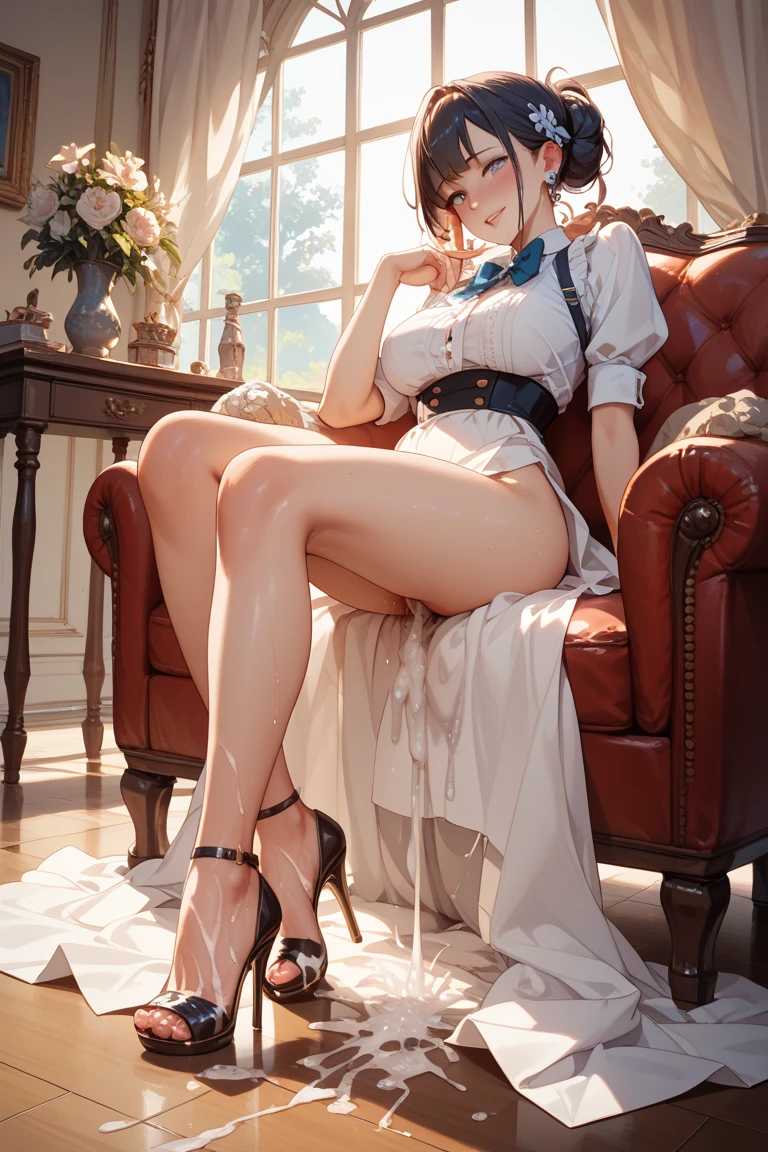 A beautiful short-haired woman with big blue eyes and transparent suspenders and high heels