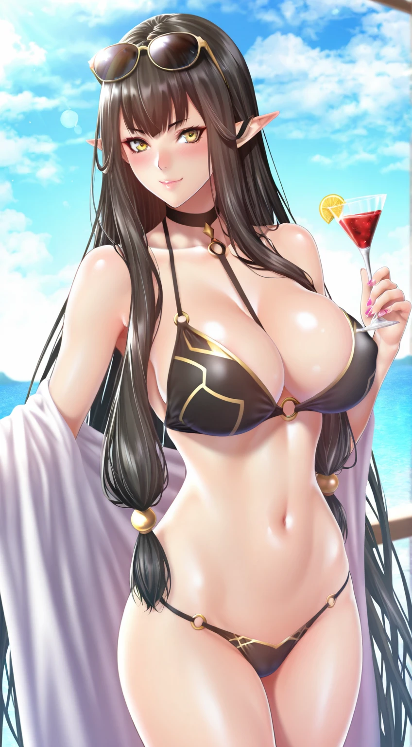 (zucchini-style), 1girl, semiramis_(fate), breasts, pointy_ears, long_hair, eyewear_on_head, swimsuit, bikini, solo, black_bikini, navel, sunglasses, yellow_eyes, o-ring, cup, very_long_hair, cleavage, large_breasts, looking_at_viewer, slit_pupils, sky, drinking_glass, smile, bangs, black_hair, o-ring_bikini, blush, bare_shoulders, collarbone, blue_sky, thighs, day, choker, sidelocks
