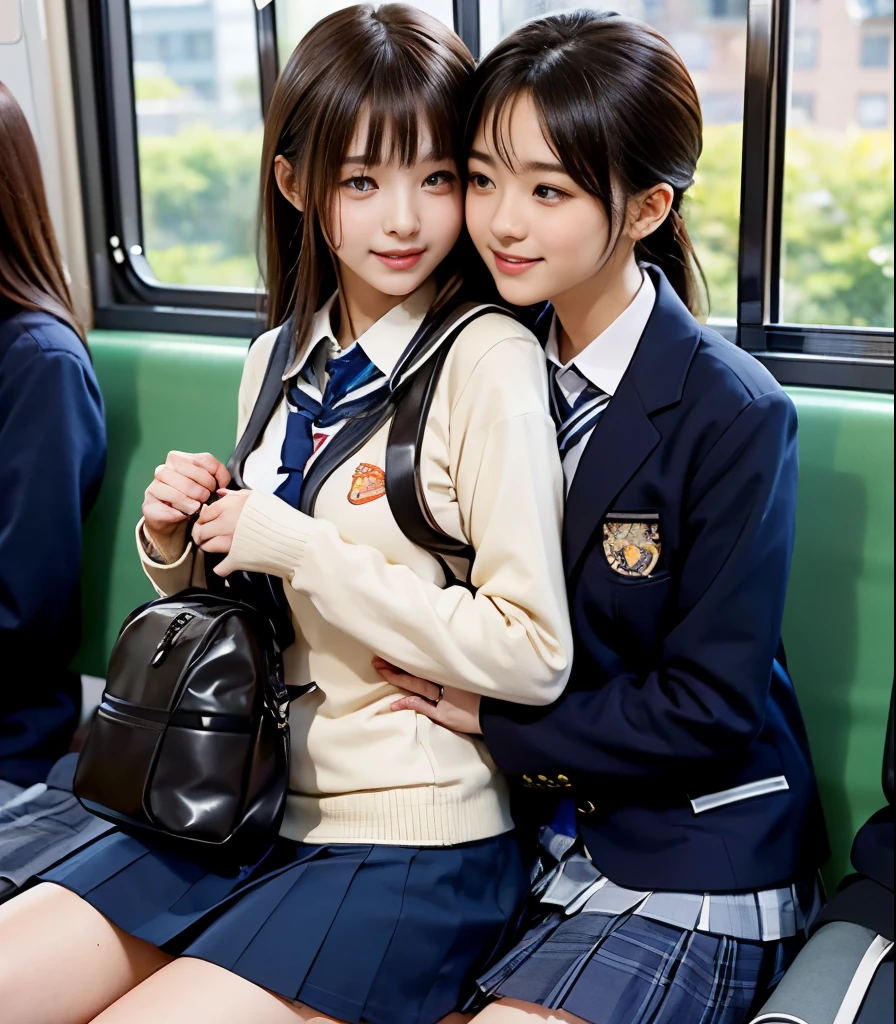 2 cute high school students 、( high school student in uniform)、full body photo撮影、(Get on a crowded train、(Crowded car interior))、(Bian、homosexuality)、( hug from behind:1.4、bag hug:1.4)、 expression of joy 、Ecstasy、full body photo、in High School Uniforms、(Perfect Anatomy、 charming)