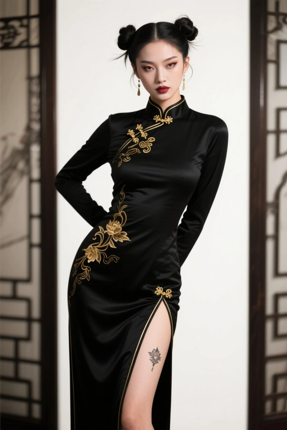 1 woman (Vampira Maila Nurmi, age 25, intricate silk Chinese dress with lots of embroidery sheer with several large slits, no underwear, traditional hairstyle and Chinese makeup) wandering through a palace garden
