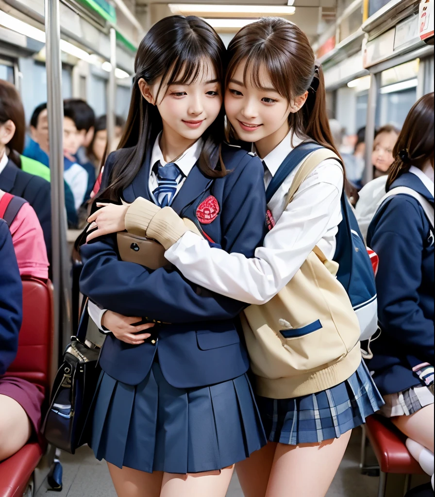 2 cute high school students 、( high school student in uniform)、full body photo撮影、(Get on a crowded train、(Crowded car interior))、(Bian、homosexuality)、( hug from behind:1.4、bag hug:1.4)、 expression of joy 、Ecstasy、full body photo、in High School Uniforms、(Perfect Anatomy、 charming)