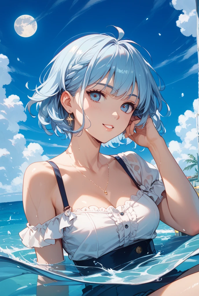 1girl, a woman standing at the beach beautiful, elegant and graceful,mature,black hair, tank_top,black top,full body,(silver hair:1.2),Short Bob with Dark Roots, 2 tone hair color,silver hair, hair bobbles, wince, longeyelashes, solid circle eyes,semi-realistic anime, light smile, ear blush, fang, Surrealism, drop shadow, stereogram, tachi-e, looking at viewer, atmospheric perspective, depth of field, 8k, super detail, ccurate, best quality, high details, super detail, high details, 8k,solo