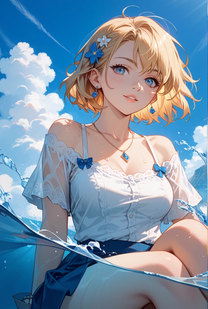 ((8K resolution))、((highest quality))、((masterpiece))、((Super detailed))((((dramatic))),woman、sunglasses、double teeth、short hair、blonde、swimsuit、 Image colorBlue、Ocean、blue sky、butterfly、erase the shadow、colorful、character concept、anime、(focus on character)