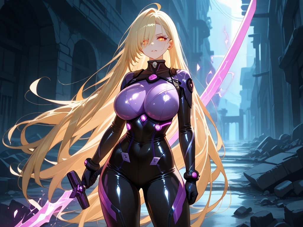 (best quality,4k,8k,highres,masterpiece:1.2),ultra-detailed,(1.37),single horn,very long hair,tall female,red eyes,dark skinned female,standing,armor,boots,sword holding,joyful,big smile,full armor,illustration,portrait,rich colors,warm tones,soft lighting ,full body, standing, pink lips
