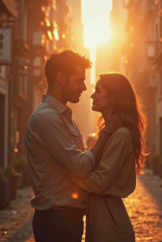 Couple portrait, (man and woman:1. 3), high-quality, high-resolution, beauty with two characters, light brown hair with green eyes, activity at night, honest and cheerful smiles, hugging with the heart, giving a kiss over the shoulder, happy and pure movement of love