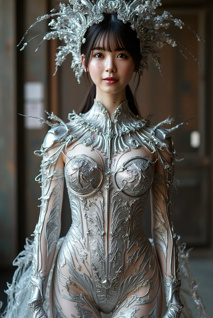 (high quality), (masterpiece), (detailed), 8K, Hyper-realistic illustration portrays (Japanese girl1.3) with delicate features, adorned in elaborate (tarantula attire1.2) that appears to crawl across her skin. (Soft focus1.2) and (exquisite textures1.3) create a sense of realism, highlighting the artist's mastery. In style of Hajime Sorayama, trending on DeviantArt.