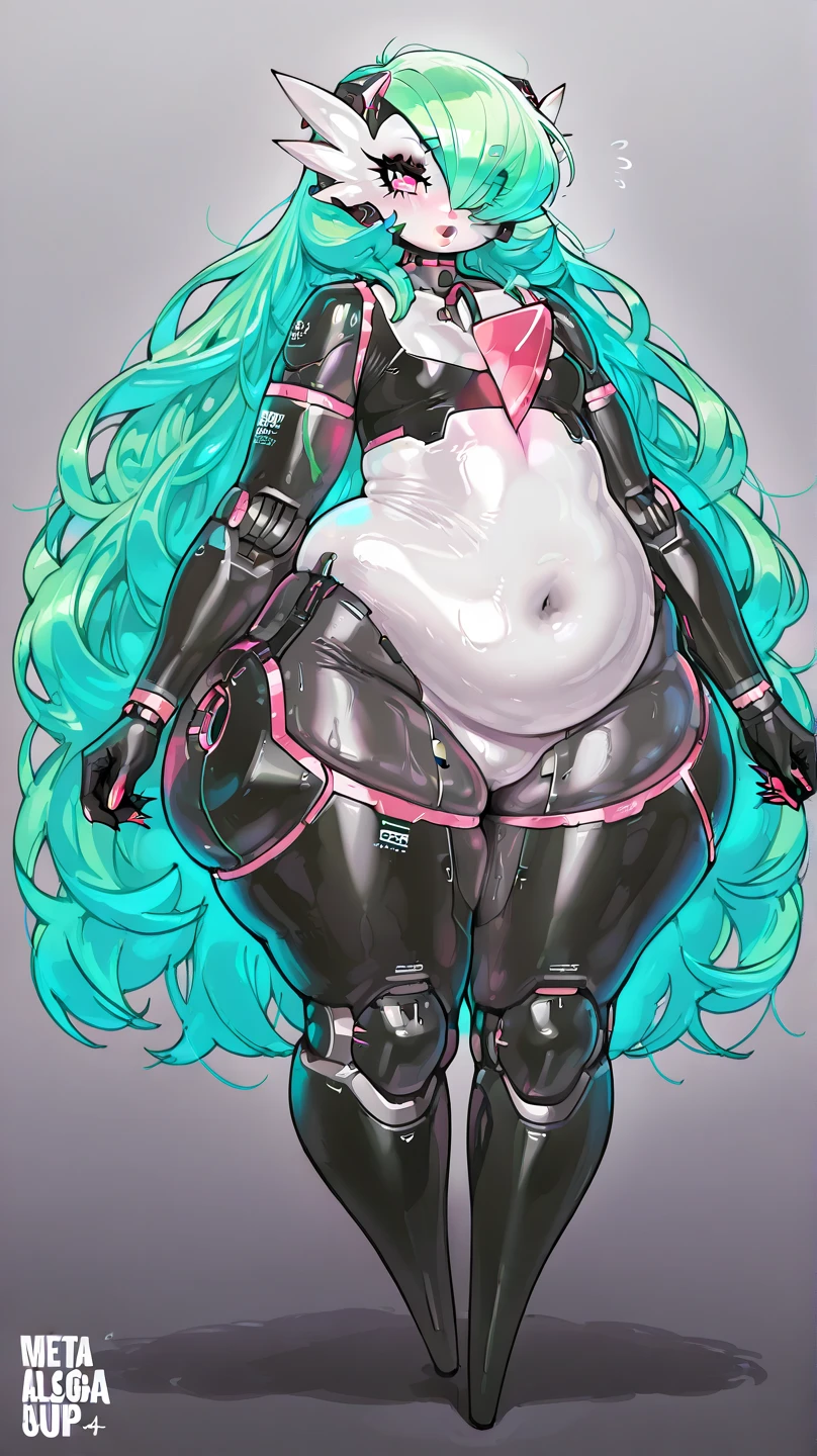 Protogen girl with massive ass cheeks. Ass is super wide, extra thick thighs. Curvy and overweight body shape. Cyan blue and pink fur and colors. Black latex. Shiny. Very reflective.