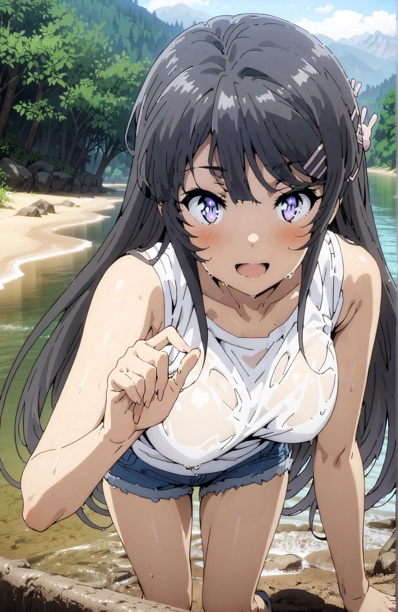 Mai Sakurajima, solo,long hair, Bang, black hair, hair ornament, purple eyes in gla, hair clip, rabbit hair ornament,Big Breasts,smile,blush,open your mouth,standing,tank top,tank topの裾を縛る,belly button out,denim micro shorts,Bare legs,Glowing Skin,see through,wet hair,wet clothes,wet skin,river遊び, playing in the water,river,forest,Mountain,Submersion,full bodyがイラストに入るように,in their 40s looking at viewer,full body,
in their 40s outdoors,nature,
in their 40s (masterpiece:1.2), best quality, high res, Unity 8Kの壁紙, ( 's art :0.8), (beautiful detailed eyes:1.6), very detailed face, perfect lighting, very detailed CG, (perfect hand in h, Perfect Anatomy),