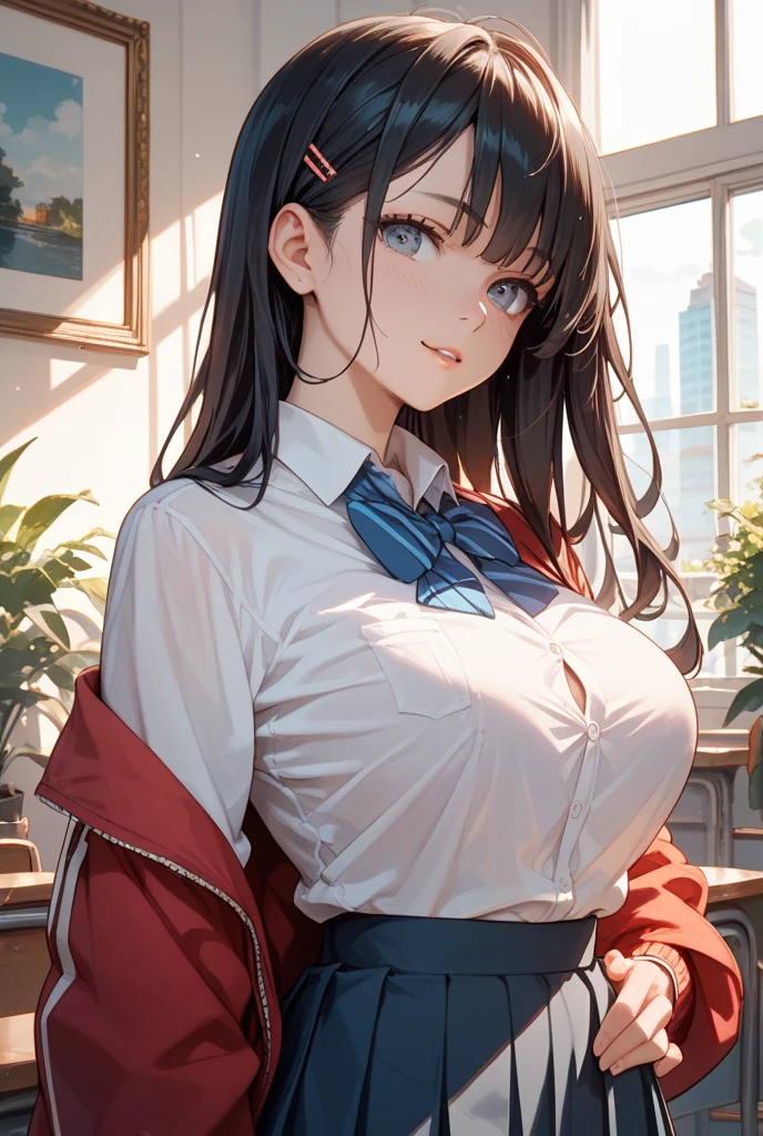 absurdres, (masterpiece, best quality), (ultra-detailed), extremely detailed,super high resolution, (Top Quality photorealistic Illustration), (Super Definition), (best quality,masterpiece:1.0),(cute illustration:1.3), (high Saturation:1.2), highres, ultra-detailed, 32k,8k resolution, intricate details, cinematic scene, detailed background, detailed background, BREAK (show off nipples:1.6),detailed beautiful face and eyes, very detailed background, (an extremely delicate and beautiful), (nice hands, perfect hands), (appropriate posture), (appropriate configuration), ideal ratio body proportions, BREAK (show off nipples:1.6),(dynamic angle:1.6), (close to viewer:1.6),from below, depth background, (crassroom:1.6), rim light, sunlight, beautiful lighting, strong light, widely, (standing:1.3), ((looking up at viewer)), ((looking up)), BREAK ((1girl, solo), suzune horikita, long hair, black hair, (red eyes:1.3), hair ribbon, braid, very cute and beautiful girl,(highly detailed beautiful face),(twinkle smile), (full-face blush), (shy),open mouth, BREAK(show off nipples:1.6), (exposing bare breasts:1.3), (exposed chest:1.3), (no bra:1.3), (open shirt:1.6), (exact number of nipples:1.6), nsfw, BREAK belly button, bow, , jacket, bowtie, blue bowtie, blazer, (red blazer:1.5), skirt, white skirt, loafers,small nipples, small areolas,