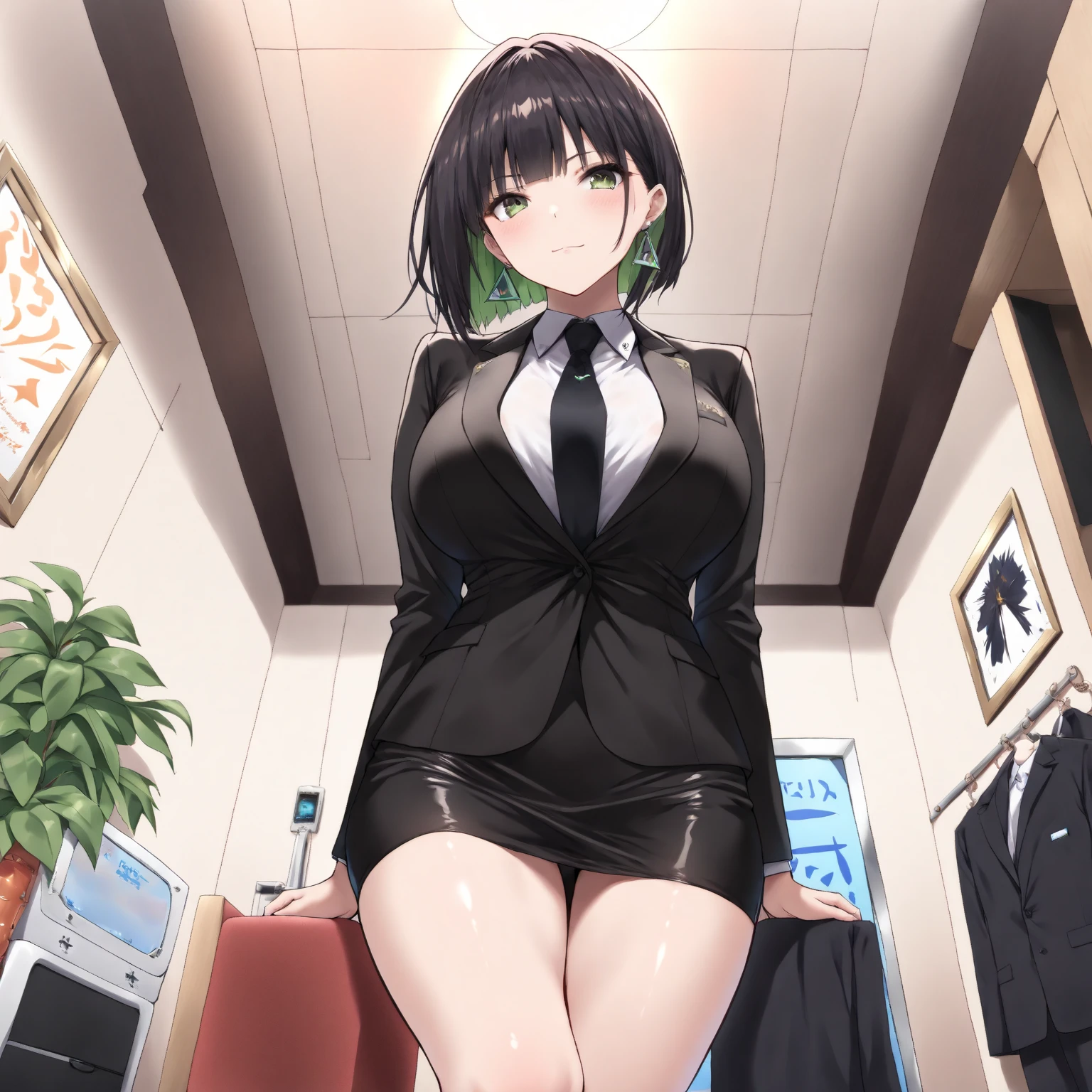 (masterpiece), anime, Best quality, good anatomy, one girl, Hinata Hyuga, (full height), white eyes, Big breasts, realistic face, gloomy face, Looking down, dark hair, short haircut, navel ,bare shoulders, tight black top, decollete, black pencil skirt, tall legs, beautiful legs, office, Reflectors, 8K masterpiece, super detail, film movie, best quality, best ditails, detailed face, detailed eyes, camera from bellow