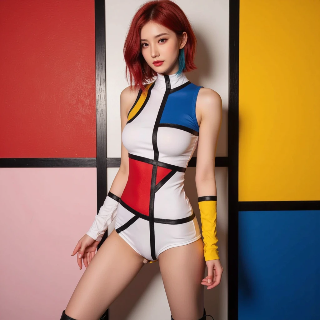 tornado 20 years ago, Natural red hair, Unique blue eyes, Slim and graceful, beautiful, In a futuristic neon environment, Super sharp focus, real footage, Modern womenswear, neon color