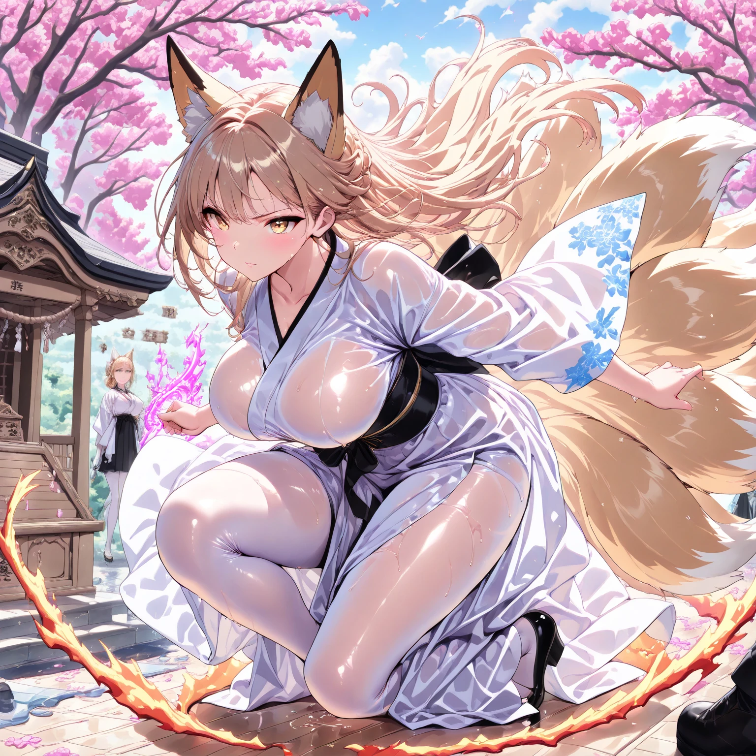(extremely detailed CG, best quality:1.1), 1girl, perfect face, bright pupils, (finely detailed beautiful eyes:1.1), shiny skin, lustrous skin, wide hips, narrow waist, long hair, fox ears, animal ear fluff, fox girl, yellow eyes, fox tail, japanese clothes, white kimono, ((open kimono)), ((naked breasts)), ((pink breasts)), ((pink nipples)) , fur-trimmed kimono, rope, cleavage, wide sleeves, off shoulder, (barefoot:1.2), detached collar, talisman, (((forest background))), black background, large breasts, evil grin, half-closed eyes, leaning forward, wariza, head tilt, ((open legs)), ((one leg up)), ((spread pussy)), (wet pussy)