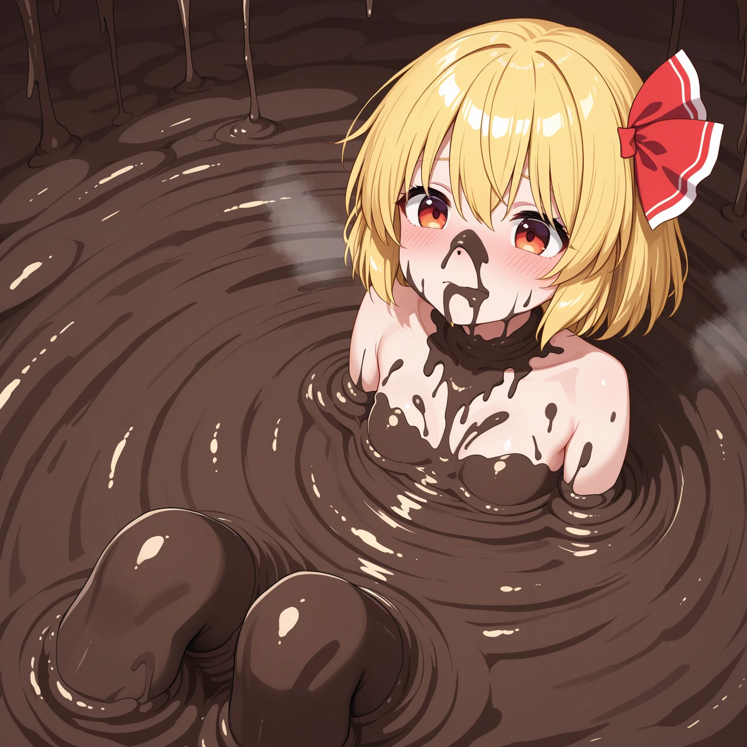 One、Wearing no clothing、Soaking in a bathtub filled with feces、Lying helplessly in the bathtub、Yellow Hair、Standard Bust Size、Eyes are dead、Scared、Pale、Nipples、My body is covered in a lot of feces.、Feces dripping from the mouth、My face is covered in feces