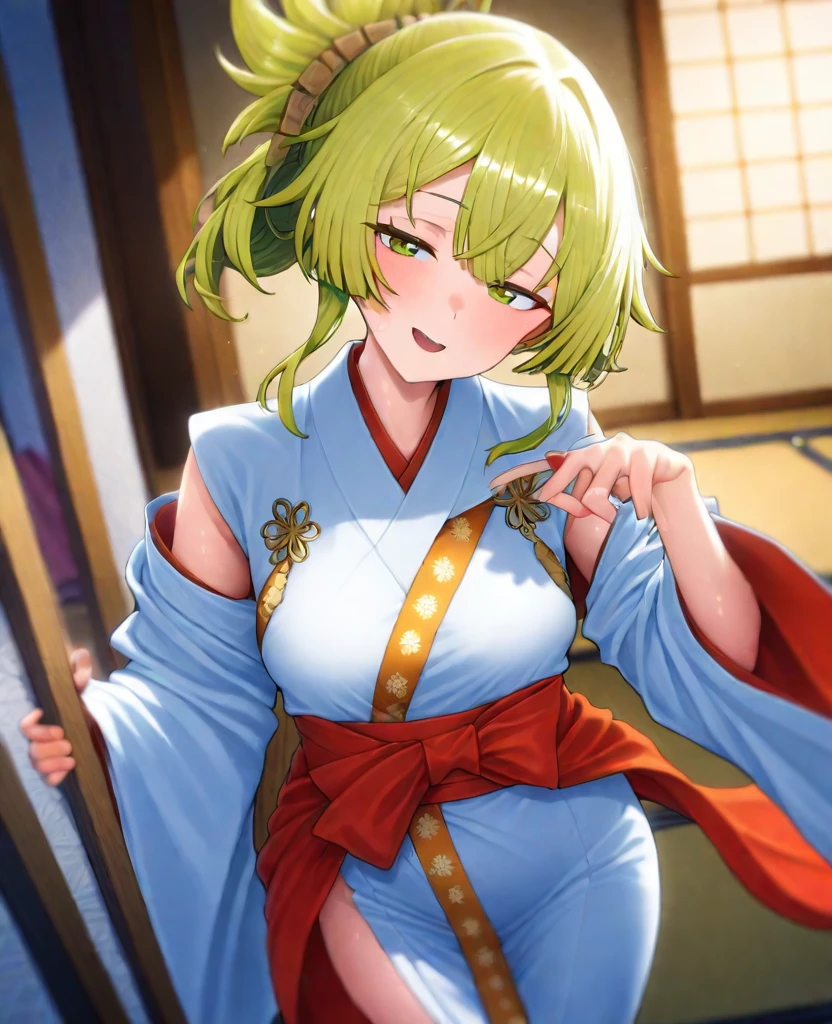 masterpiece, best quality, ultra-detailed, Potrait of beautiful MitsuruDS, solo, demon_slayer_uniform, smile, long_sleeves, looking_at_viewer, japanese_clothes, breasts, haori, cleavage, closed_mouth, jacket, large_breasts, open_clothes, skirt, belt, black_skirt, pleated_skirt, thighhighs, green_thighhighs, zettai_ryouiki, volumetric lighting, best quality, masterpiece, intricate details, tonemapping, sharp focus, hyper detailed, trending on Artstation,
