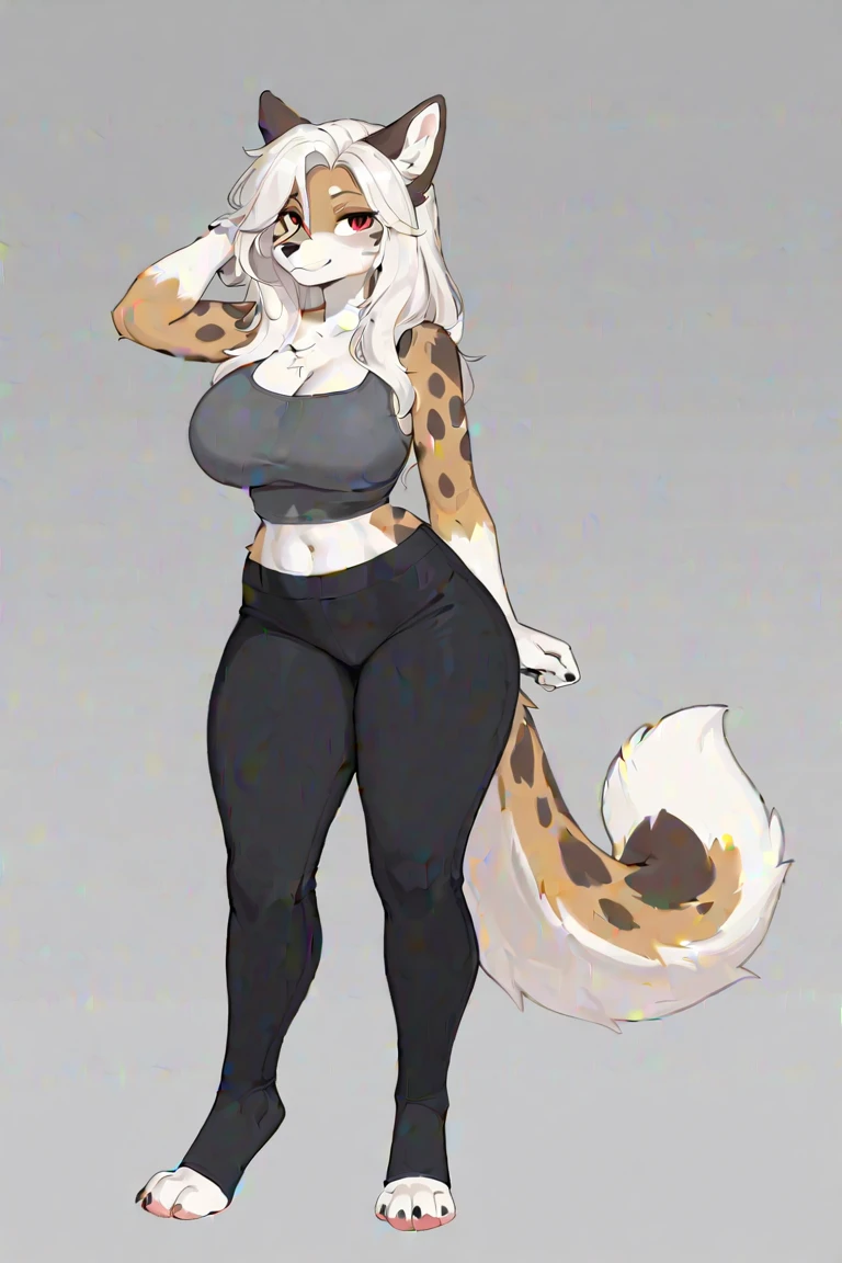 Tall_lanky_horse female graying_black_hair dark_brown_furry_body spotted_fur blue_eyes shaved_sides solo Masterpiece best_quality absurdres highly_detailed wide_hips thick_thighs crop_top shorts stockings cleanly_drawn_eyes anthro_only by_claweddrip, by_greasymojo, by_underscore-b, by_runawaystride
