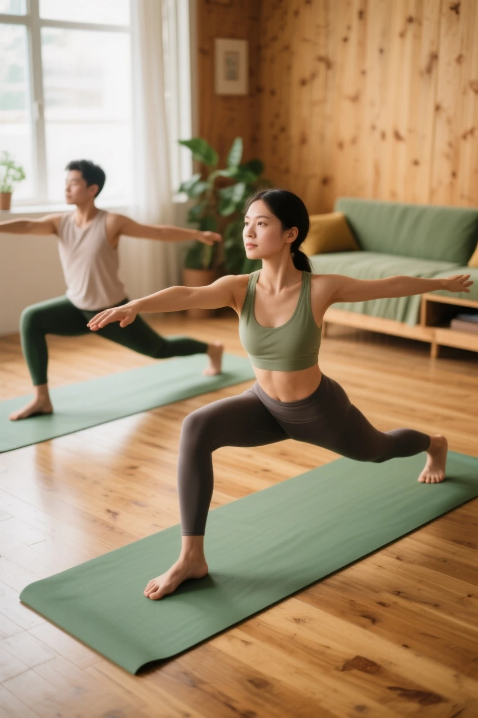 two women in sports wear are doing yoga in a living room, cottagecore!! fitness body, pose(arms up + happy), peach and goma style, relaxed poses, with backdrop of natural light, huang yuxing and aya takano, face and upper - body focus, focus on full - body, ad image, attractive pose, yoga, lotus pose