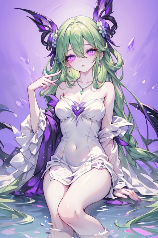 masterpiece, best quality, 1girl ,alraune, flower, large breasts, navel, white hair, wisteria, parted lips, arms at sides, topless, pasties, <lora:Plant Girl:1>